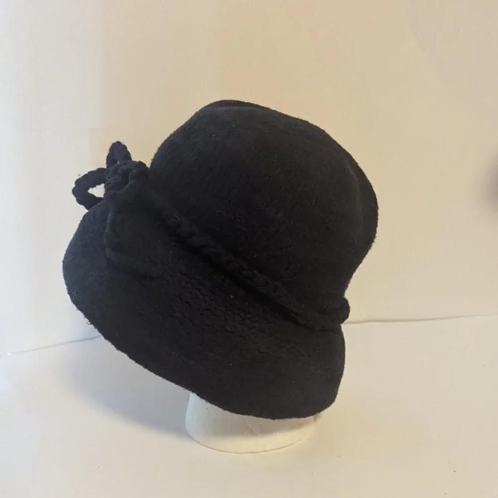 Vintage Wool Blend Cloche Bucket Hat Removable Bow Black - Picture 4 of 5